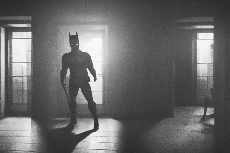 Image similar to batman wielding axe, chasing through hallway, creepy smile, atmospheric eerie lighting, dim lighting, bodycam footage, photograph