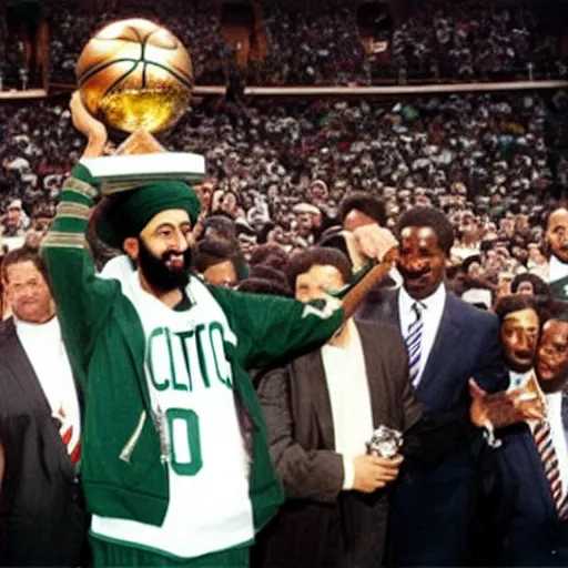 Prompt: photo of osama bin laden lifting nba larry o'brien trophy, boston celtics