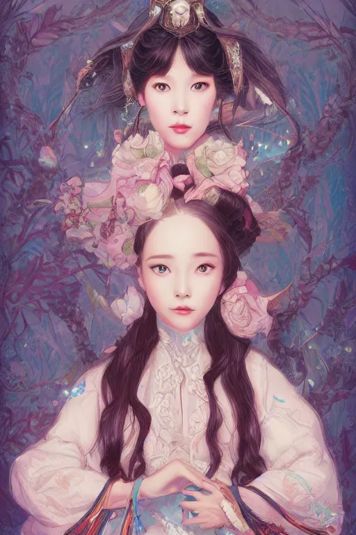 Prompt: Protrait of a Beautiful IU from Hotel del Luna, high fantasy, detailed face, artstationhd, trending on artstation, by James Jean