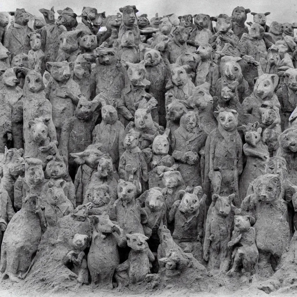 Image similar to a group of badger archaeologists with badger faces, digging at sutton hoo in 1 9 4 0 s suits, standing upright like people, anthropomorphic, style of beatrix potter, their faces are badger's faces, rendered as a highly detailed black & white photograph