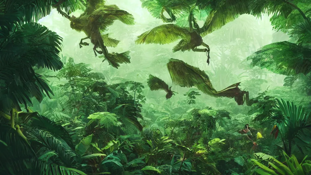 Prompt: giant green winged monster flying through a lush jungle, obscured by giant trees, by sylvain sarrailh, rossdraws, ambient light, ultra detailed, fantasy artwork, 8 k, volumetric lighting, trending on artstation, award winning, very beautiful.