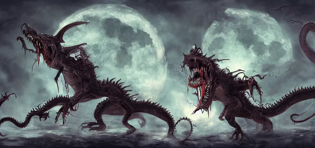 Image similar to concept art of dragon attack, lovecraftian, lots of teeth, melting horror, feathers, round moon, rich clouds, fighting the horrors of the unknown with laser guns, high resolution, detailed