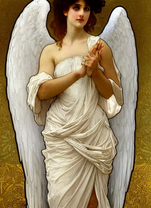 Image similar to painting of a beautifully robed angel with huge white feather wings, intricate, elegant, hyperdetailed, by alphonse mucha and william - adolphe bouguereau and john william waterhouse