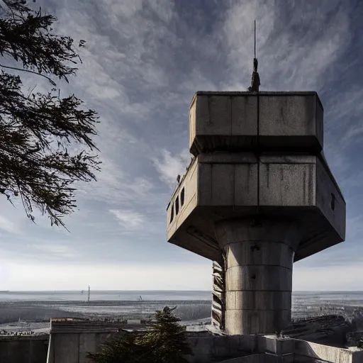 Prompt: scifi brutalist castle so tall it reaches space, photography