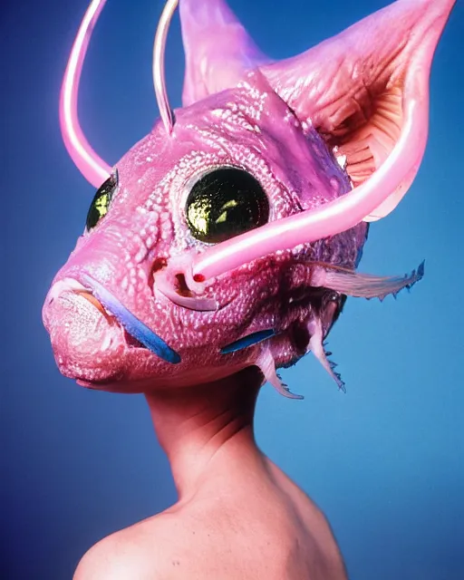 Image similar to natural light, soft focus portrait of a cyberpunk anthropomorphic angler fish with soft synthetic pink skin, blue bioluminescent plastics, smooth shiny metal, elaborate ornate head piece, piercings, skin textures, by annie leibovitz, paul lehr