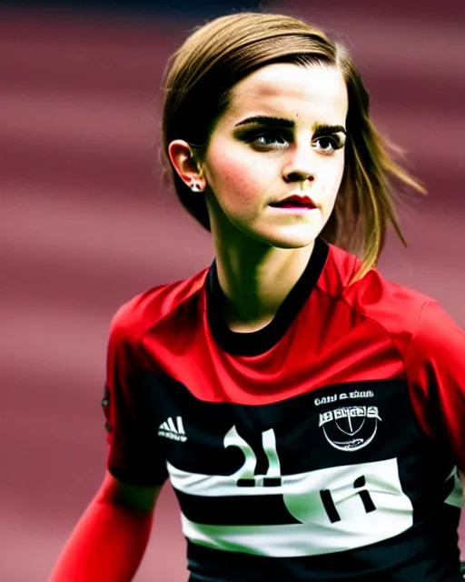 Image similar to a portrait of emma watson as a lokomotiv football player, hyper realistic