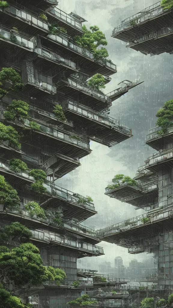 Prompt: photo in style of hokusai and piranesi. biopunk timber futuristic building in a urban setting. hyper realistic. cloudy morning. mossy buildings have deep tall balconies with plants, trees, and many figures in bright clothing. thin random columns, large windows, deep overhangs. greeble. 8 k, volumetric lighting. god rays