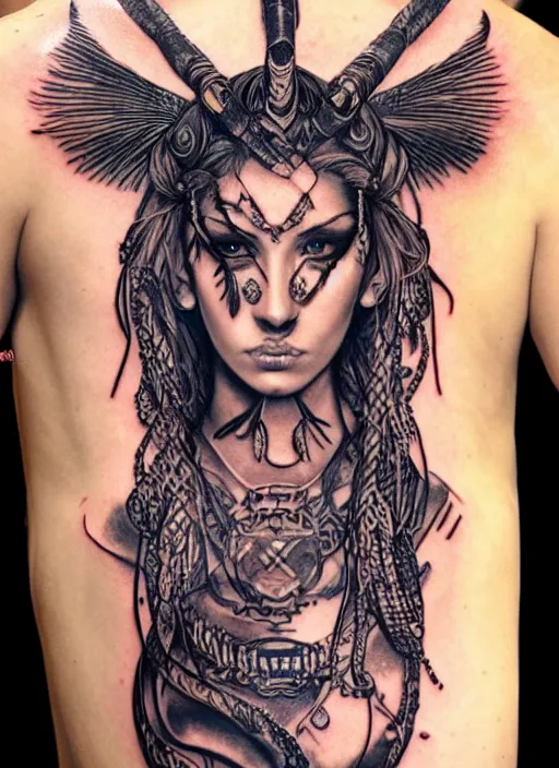Image similar to tattoo design of a hyper - realistic beautiful girl warrior, hyper detailed, in the design of eliot kohek, white background