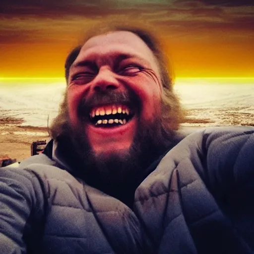Prompt: 2 0 2 2 last selfie of last alive of frightened funny ukrainian is trying to escape, badly injured from radiation from a huge nuclear explosion, a nuclear missile flies right at him