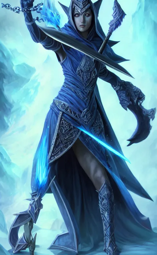 Image similar to legendary dark elf wizard with blue flame staff, highly detailed, d & d, fantasy, highly detailed, digital painting, trending on artstation, concept art, sharp focus, illustration, global illumination, ray tracing, realistic shaded, art by artgerm and greg rutkowski and fuji choko and viktoria gavrilenko and hoang lap