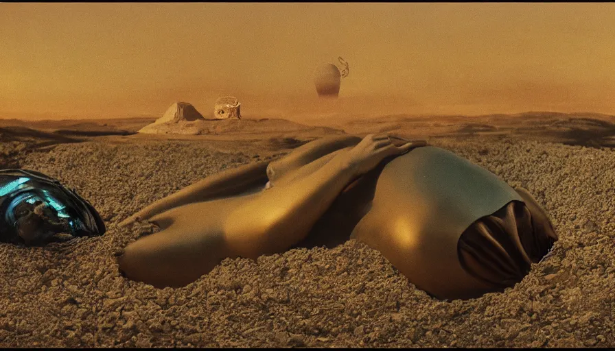 Image similar to glowing bene gesserit in full - face golden glowing mask meet salvador dali in a black rocky desert landscape with alienabandoned city beneath the sand and giant alien spaceship in the sky attacks the earth by christopher doyle and alejandro jodorowsky, anamorphic lens, kodakchrome, cinematic composition, very detailed photo, 8 k,