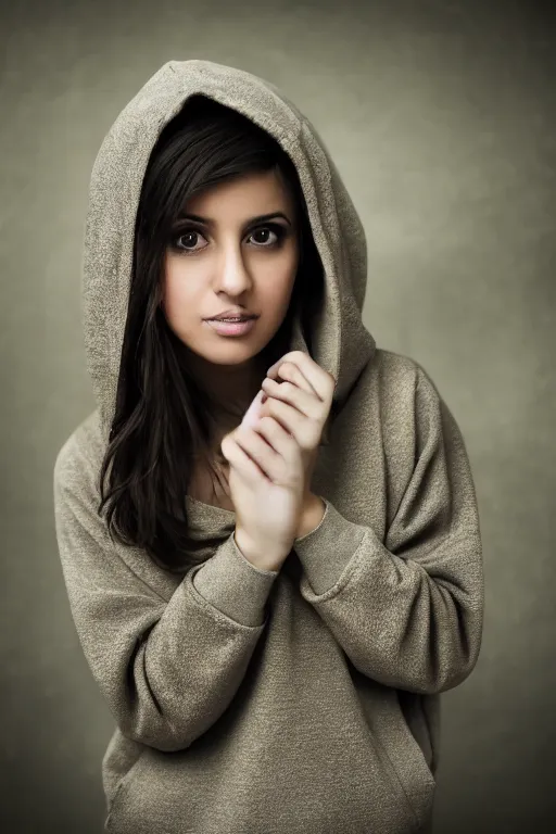 Prompt: short brown hair Arab Spanish shy beautiful young woman in a beige hoodie, Diwani calligrapher using bamboo pen, cinematic lighting, realistic, rule of thirds, photograph