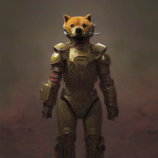 Image similar to t - 5 1 power armor, realistic anthropomorphic shiba inu, fantasy, t - 5 1 power armor glowing electric aura, by donato giancola and greg rutkowski and wayne barlow and zdzisław beksinski, realistic face, visible face, digital art, artstation, symmetry