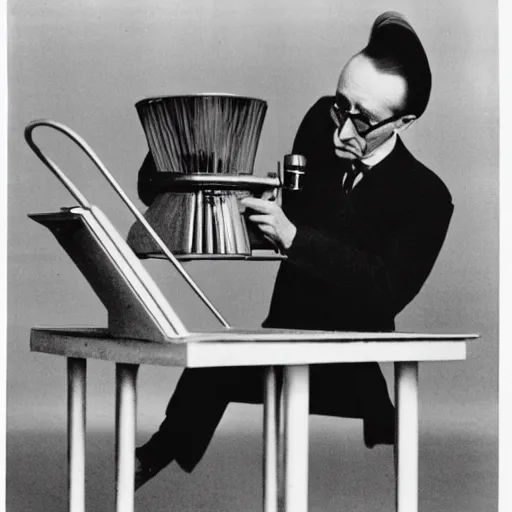 Image similar to photograph of Marcel Duchamp working on a futuristic machine, long exposure, in the style of Hito Steyerl and Andreï Tarkovski