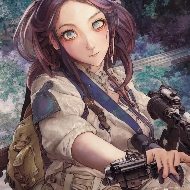 Image similar to the portrait of lawful neutral semi - colorful female infantry gunner as absurdly beautiful, gorgeous, elegant, young anime girl, an ultrafine hyperdetailed illustration by kim jung gi, irakli nadar, intricate linework, bright colors, octopath traveler, final fantasy, unreal engine 5 highly rendered, global illumination, radiant light, detailed and intricate environment