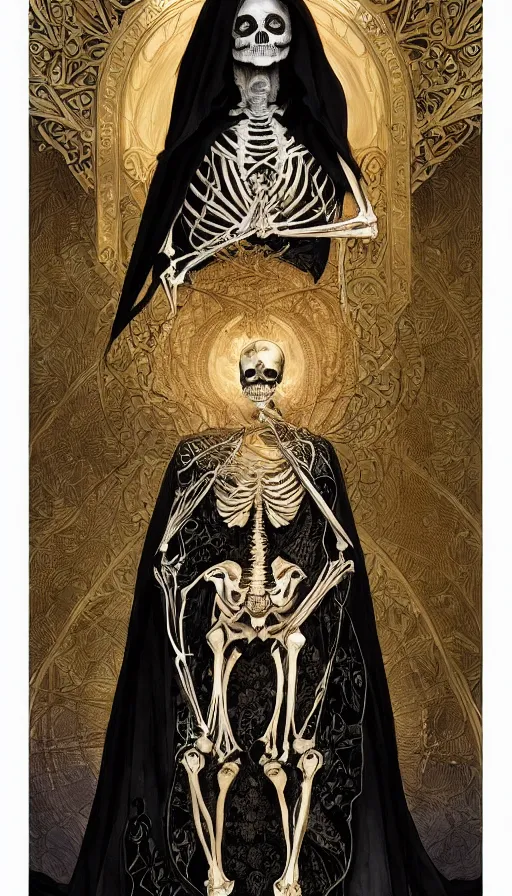 Image similar to a skeleton in a black cloak, highly detailed, very intricate, art nouveau, gold filigree, left right symmetry, tarot concept art watercolor illustration by mandy jurgens and alphonse mucha and alena aenami, featured on artstation