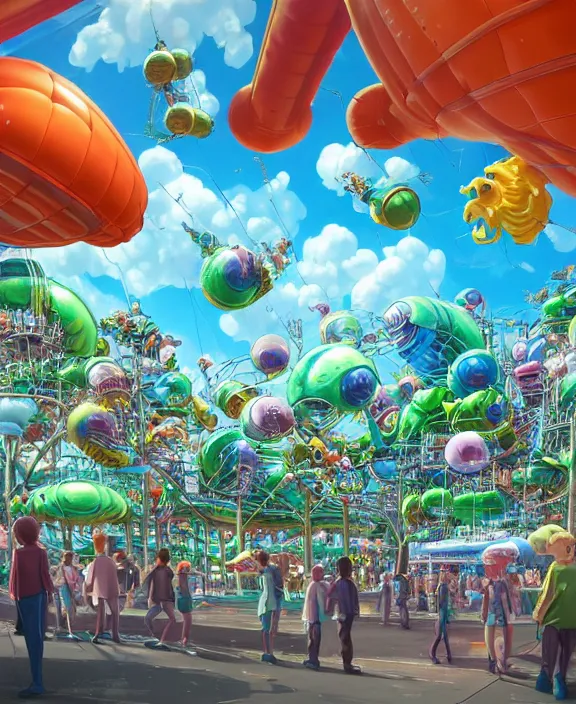 Image similar to a puffy inflated amusement park made out of seamless alien creatures, in the style of an aerodynamic obese robot, overgrown with thick orchids, partly cloudy, sun - drenched, dramatic lighting, by dan mumford, yusuke murata, makoto shinkai, ross tran, cinematic, unreal engine, cel shaded, featured on artstation, pixiv