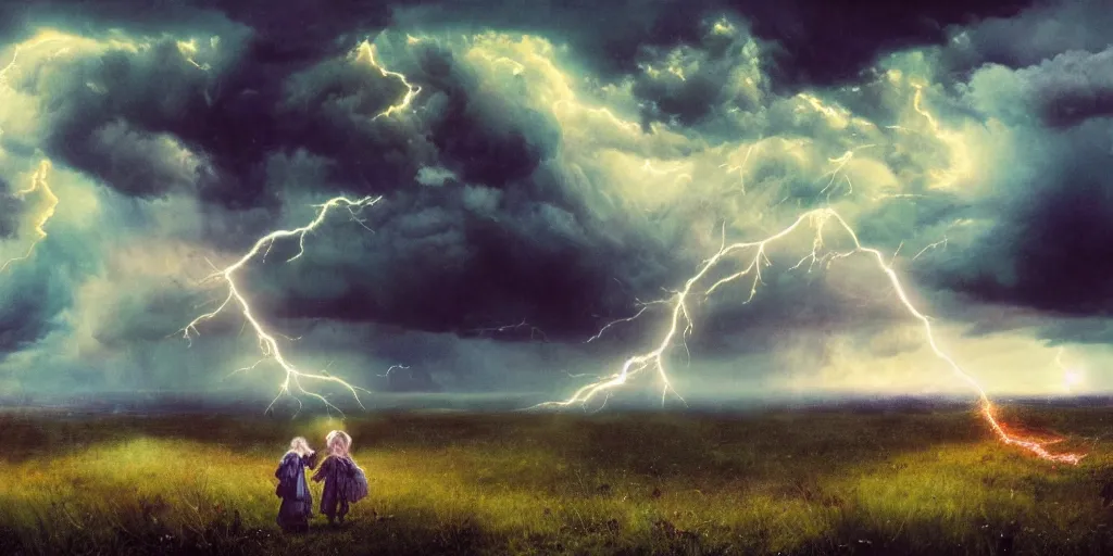 Prompt: a raging storm over a meadow with lightning ripping open an iridescent portal to blue skies behind <manipulation software=photoshop>Storm from X-Men flying in the clouds</manipulation>, illustration, detailed, smooth, soft, warm, by Adolf Lachman, Shaun Tan, Surrealism