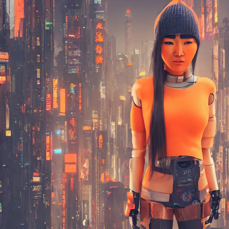 Prompt: Cyberpunk Female Asian Robot Cyborg wearing a orange beanie in a cyberpunk city