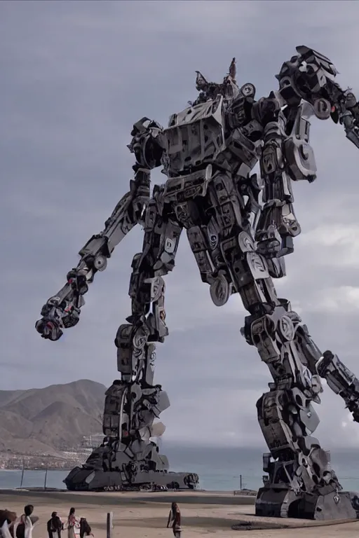 Image similar to cinematography of giant Mech on Santa Monica peer By Emmanuel Lubezki