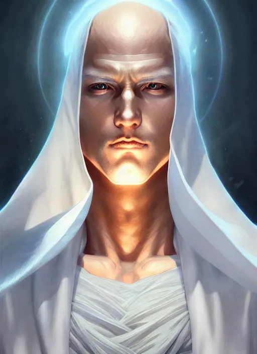 Image similar to ultra realistic illustration, handsome saitama. white cape, intricate, elegant, highly detailed, digital painting, artstation, concept art, smooth, sharp focus, illustration, art by artgerm and greg rutkowski and alphonse mucha and wlop