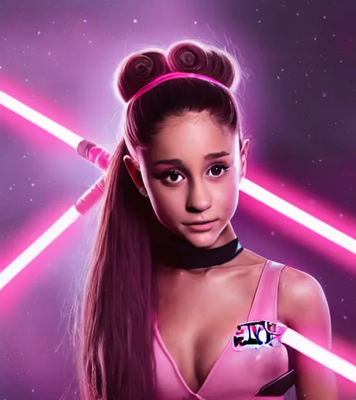 Image similar to A hyper realistic photo of Ariana Grande in the Star Wars universe with two pink lightsabers held in each hand. Maximum detail on artstation, photo realism