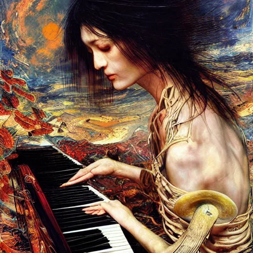 Image similar to realistic detailed UHD photorealistic The Mummy Playing Piano, by Ayami Kojima, Amano, Karol Bak, Mark Brooks, tonalism, rich deep colors. Beksinski painting, art by Adrian Ghenie and Gerhard Richter. art by Takato Yamamoto. masterpiece