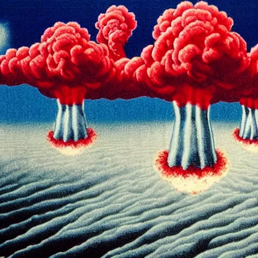Image similar to red white and blue nuclear explosion over a city on the fourth of july in the style of m. c. escher, junji ito and beeple, patriotic, mushroom cloud