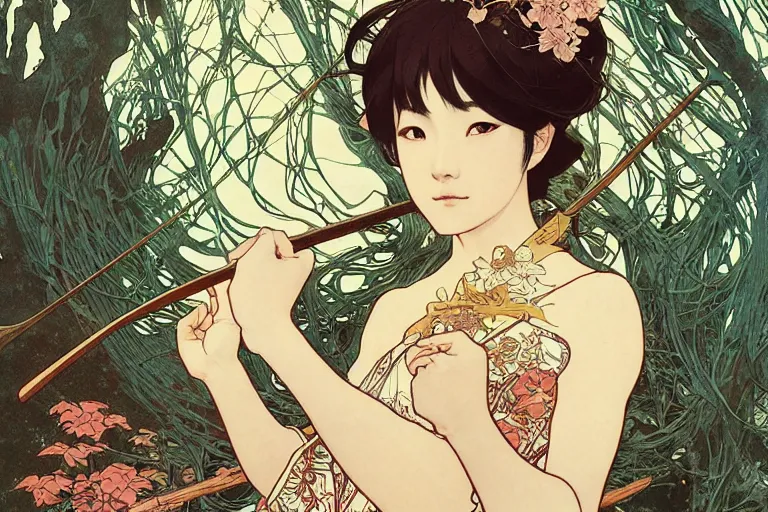 Prompt: beautiful cinematic fantasy poster, asian woman 4 arms side view using a bokken in forest ; intricate complexity, by shigenori soejima, krenz cushart, alphonse mucha, takato yamamoto, conrad roset, 4 k, beautiful, high quality - h 9 6 0