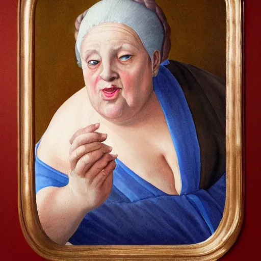 Image similar to a very funny stylize oil painting in renaissance style of a sweet fat old woman kissing her reflection. symmetry face, red mouth, blue eyes. flowery dress. hyper realistic scene. 3 d, octane render, deep focus, white scene. very funny and sweet image. unreal engine. watercolor. fellini style. poster quality. da vinci painting style.