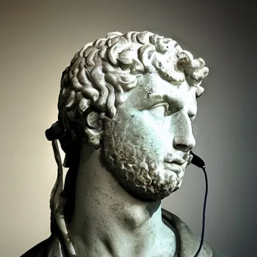 Image similar to roman bust wearing headphones!!!, vaporwave!!!