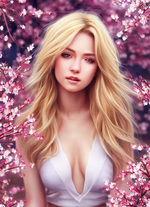 Image similar to photo of a gorgeous blonde female in the style of stefan kostic, realistic, half body shot, sharp focus, 8 k high definition, insanely detailed, intricate, elegant, art by stanley lau and artgerm, extreme blur cherry blossoms background