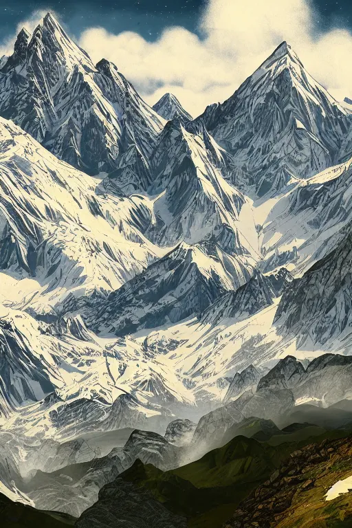 Image similar to mountain range and Alm in the Alps in the style of Heidi the cartoon, cartoon, intricate Details, concept art, matte painting, highly detailed, rule of thirds, dynamic lighting, cinematic, detailed, denoised, centerd, clean render