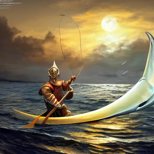 Image similar to lord sauron on his new paddle fishing a giant swordfish, cap canaveral background, digital art, trending on art station, high quality, uhd 8 k, beautiful, golden hour, intricate detail, high gradient, raytracing