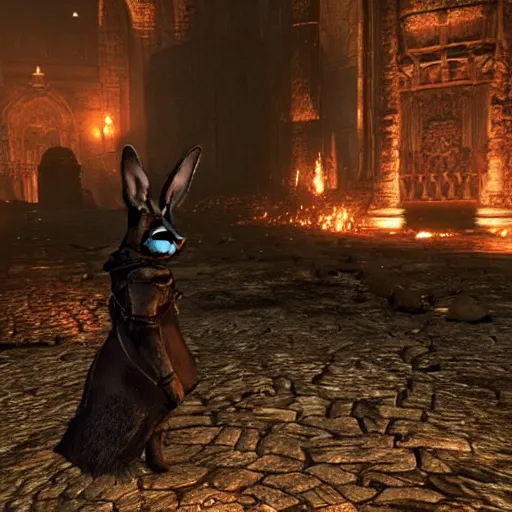 Prompt: a rabbit in the video game Dark Souls 3