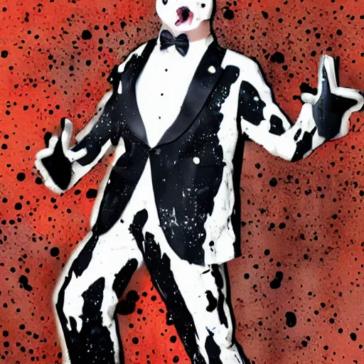 Prompt: man disguised as a calico cat wearing a tuxedo ripped physique splatterpaint
