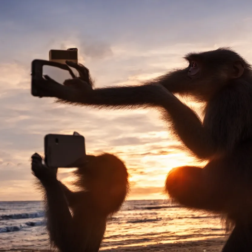 Image similar to a monkey with long hair taking a selfie in the beach while there is a sunset, cinematic, high quality, detailed, realistic