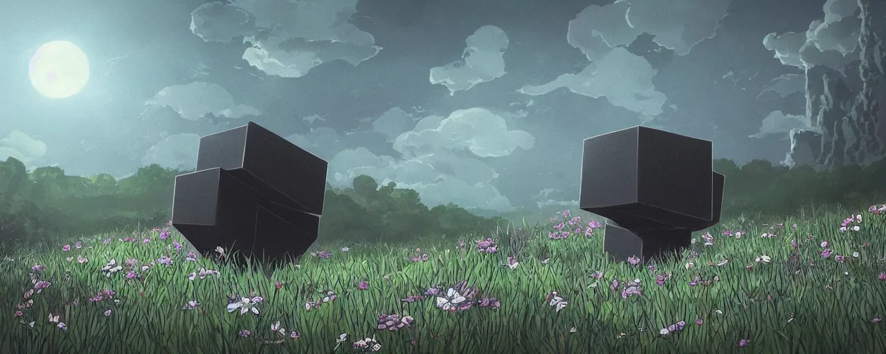 Image similar to one perfect hyper realistic black cube located at the right of a beautiful enchanted landscape in the style of Hayao Miyazaki.