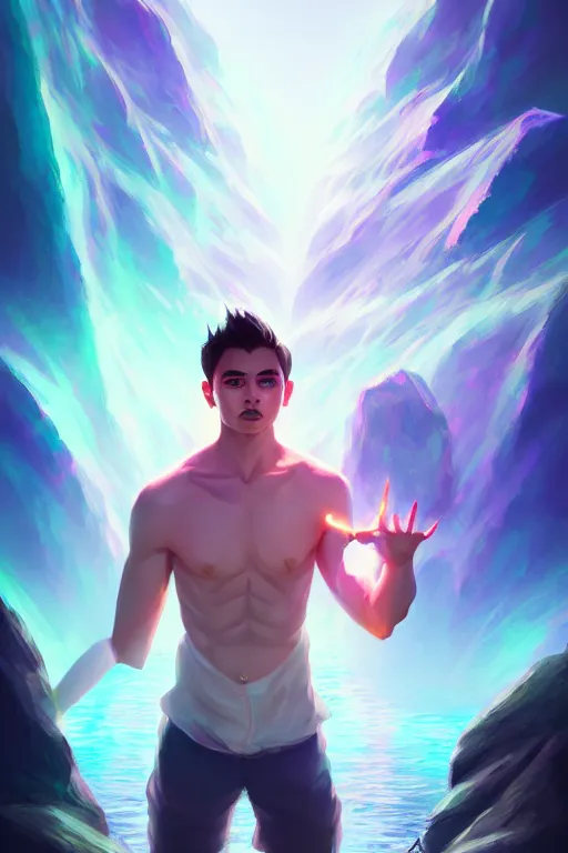 Image similar to a human elemental sorcerer, mountainous lake setting, colorful magic effects, white skin, portrait, male, clothed, sharp focus, digital art, concept art, trending on artstation, dynamic lighting, by emylie boivin and rossdraws