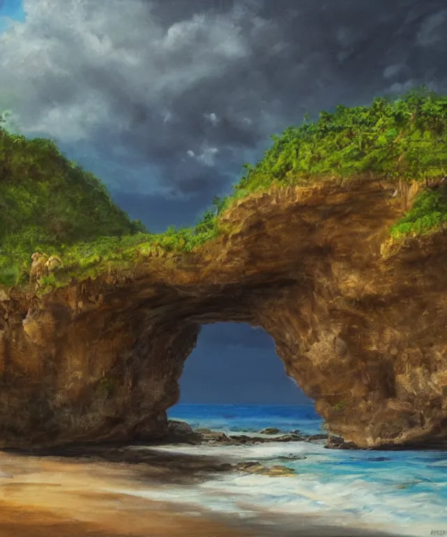 Prompt: photorealistic painting of turtle bay beach jamaica, sharp cliffs, island with cave, dark, atmospheric, brooding, smooth, finely detailed, cinematic, epic, in the style of dave dorman