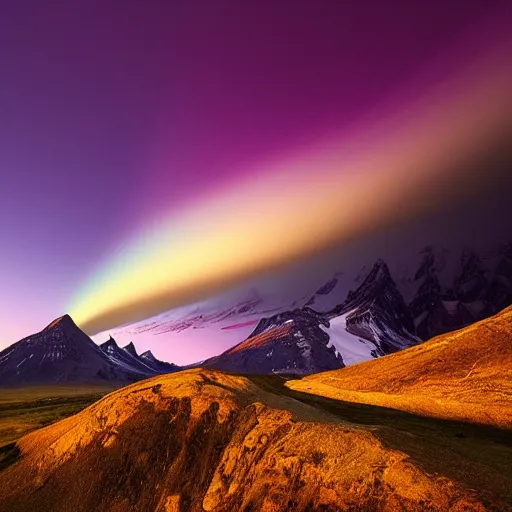 Image similar to amazing landscape photo of mountains in sunset with a purple tornado in the sky by marc adamus, beautiful dramatic lighting