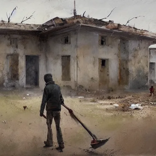 Image similar to painting by jakub rozalski of a person walking with a wheelbarrow in an abandoned post soviet town infested with root monsters