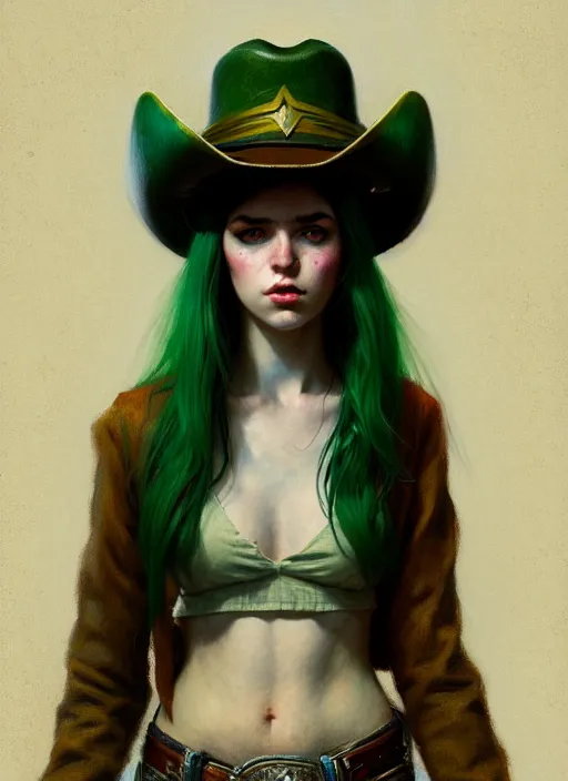 Prompt: young angry woman, beautiful girl, full body, green hair, cowboy hat, realistic, serov, surikov, vasnetsov, repin, kramskoi, insanely detailed, charlie bowater, tom bagshaw, high resolution, octane rendered, unreal engine, illustration, trending on artstation, masterpiece, 8 k