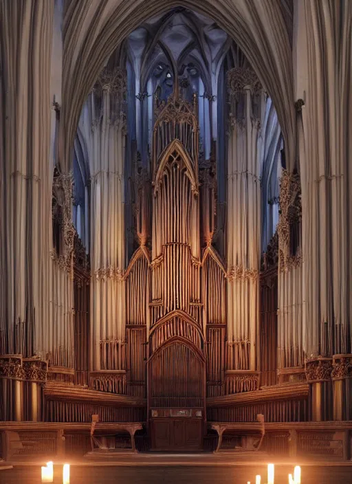 Prompt: pipe organ in a gothic cathedral witching hour, cinematic, heavenly, volumetric light highly detailed, digital painting, artstation, concept art, smooth, sharp focus, epic illustration, unreal engine 5, 8 k illustration by bouguereau and greg rutkowski and edgar maxence