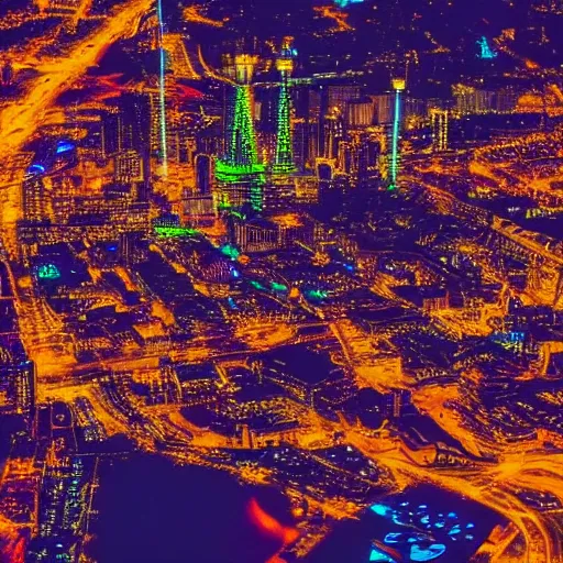 Image similar to an aerial view of a city at night, photo by lisa frank, instagram contest winner, maximalism, glowing lights, vivid colors, circuitry