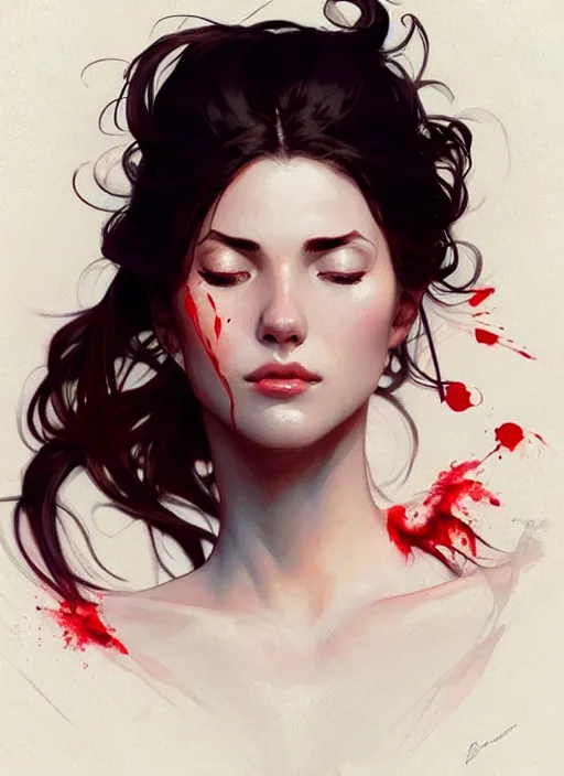 Image similar to beautiful woman in white, lying on a stage with eyes closed covered in blood, digital painting, artstation, concept art, smooth, sharp focus, illustration, art by artgerm and greg rutkowski and alphonse mucha