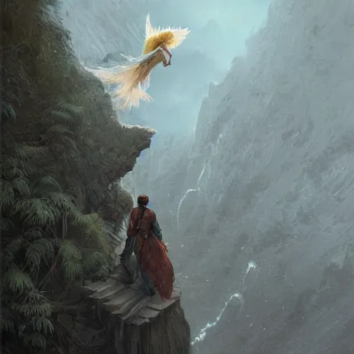Image similar to guardian angel protecting man falling from a cliff, detailed intricate ink illustration, happy atmosphere, detailed illustration, hd, 4k, digital art, overdetailed art, by greg rutkowski, by loish, complementing colors, Trending on artstation, movie poster style