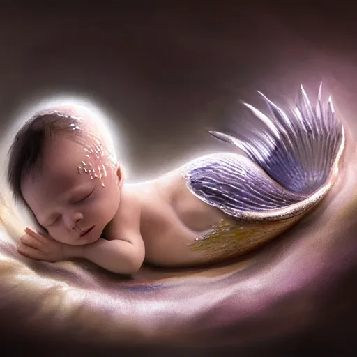 Image similar to a baby mermaid sleeping in an cracked egg, ultrarealistic, dramatic lighting, high details, 4 k, 8 k, best, accurate, trending on artstation, artstation, photorealism, ultrarealistic, digital painting, fantasy art