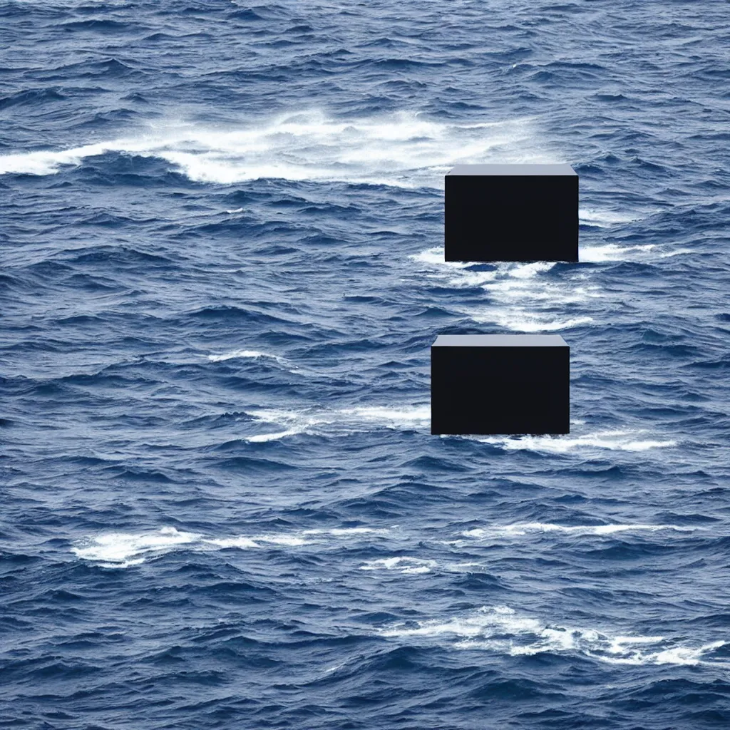 Image similar to a cube in the middle of the sea with images of a tumultuous sea on its sides. in the style of Richard Serra