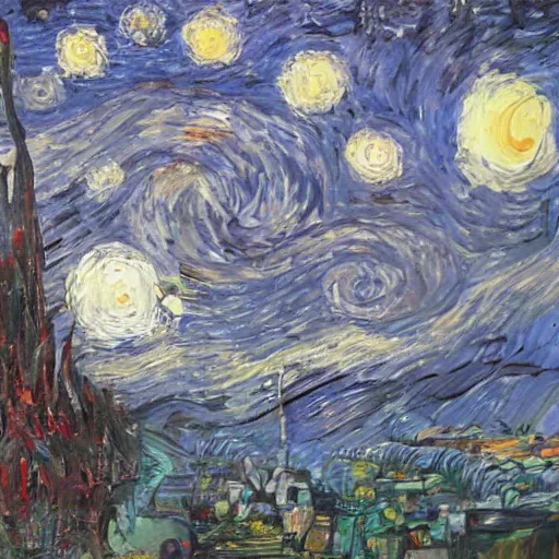 Image similar to a painting of a starry night over a martian cooling by vincent van gogh, featured on pixiv, futurism, sci - fi, post - impressionism, impressionism, painterly, detailed painting